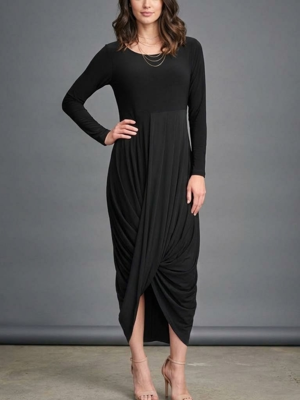 Sympli Swag Draped Front Midi Dress In Black